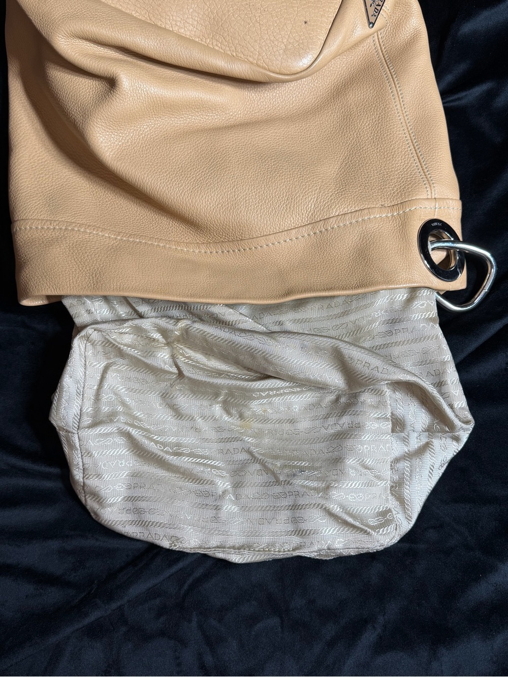 Prada Beige/Tan Pebbled Leather Hobo with Silver Rings - Picture 13 of 13